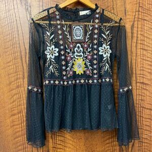 ALTAR’D State black sheer mesh embroidered boho‎ long sleeve tunic top